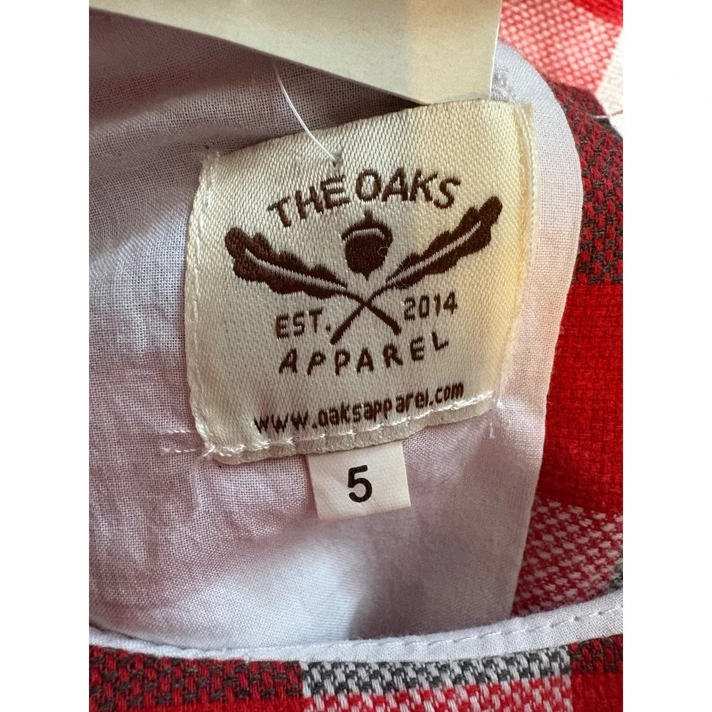 The Oaks Apparel Sarah Beth Plaid Ruffle Bell Sleeve Dress Red White Gray Size 5